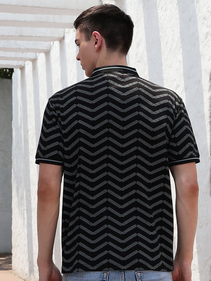 Black Printed Polo Neck 100% Cotton T-Shirt