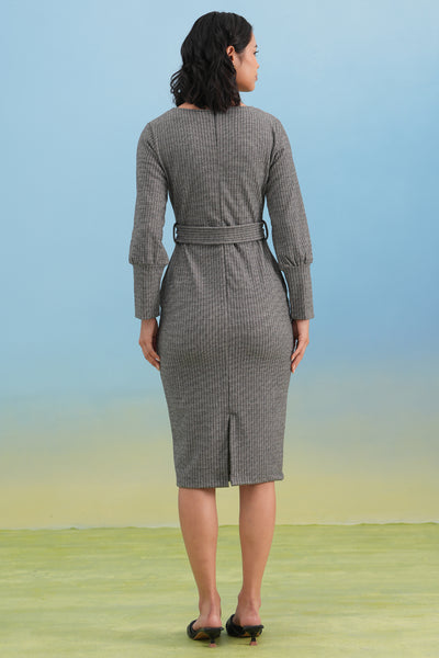 Grey Vertical Stripes Winter Bodycon Belted-Dress