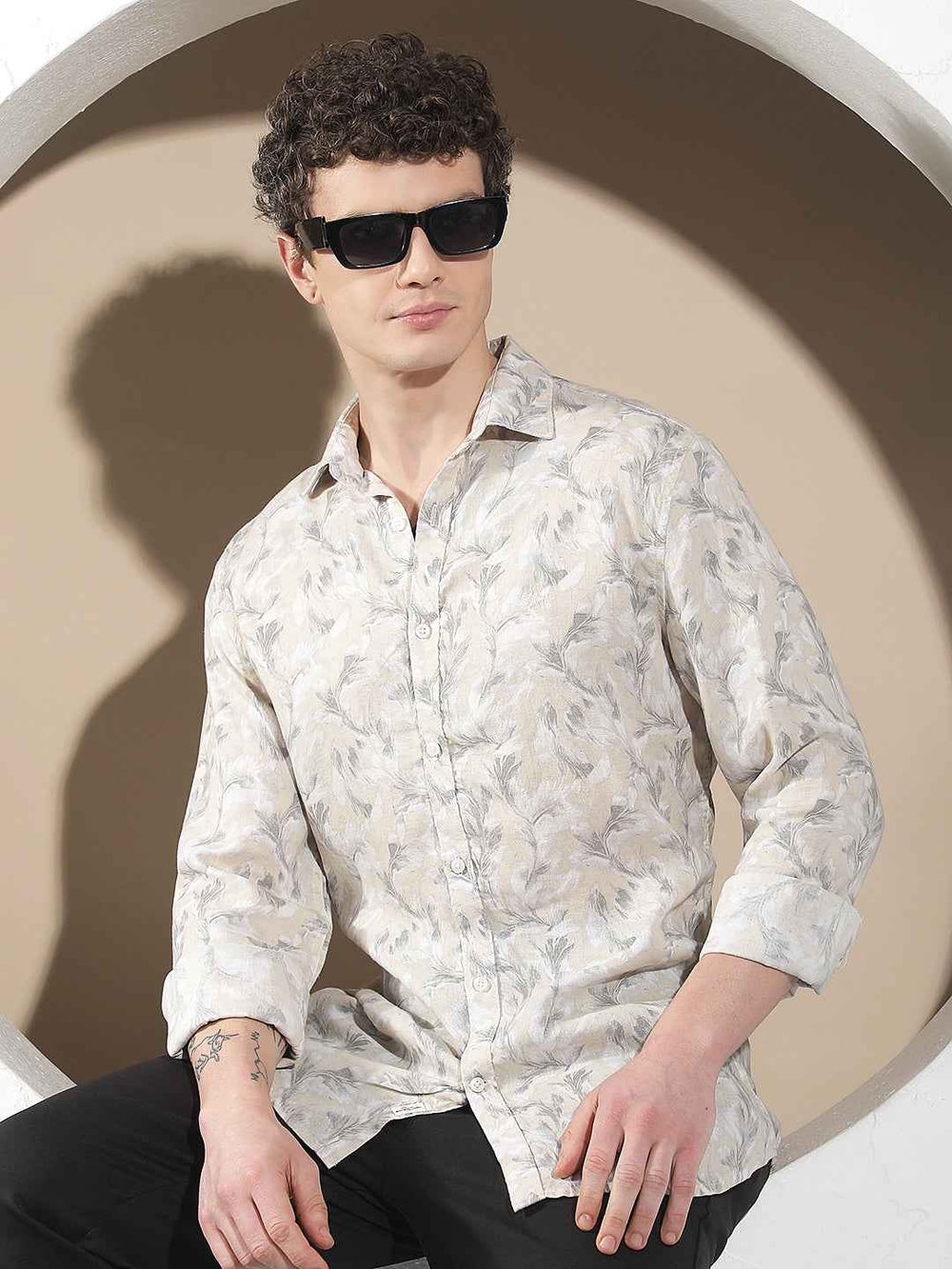 Beige Floral Print Linen Shirt