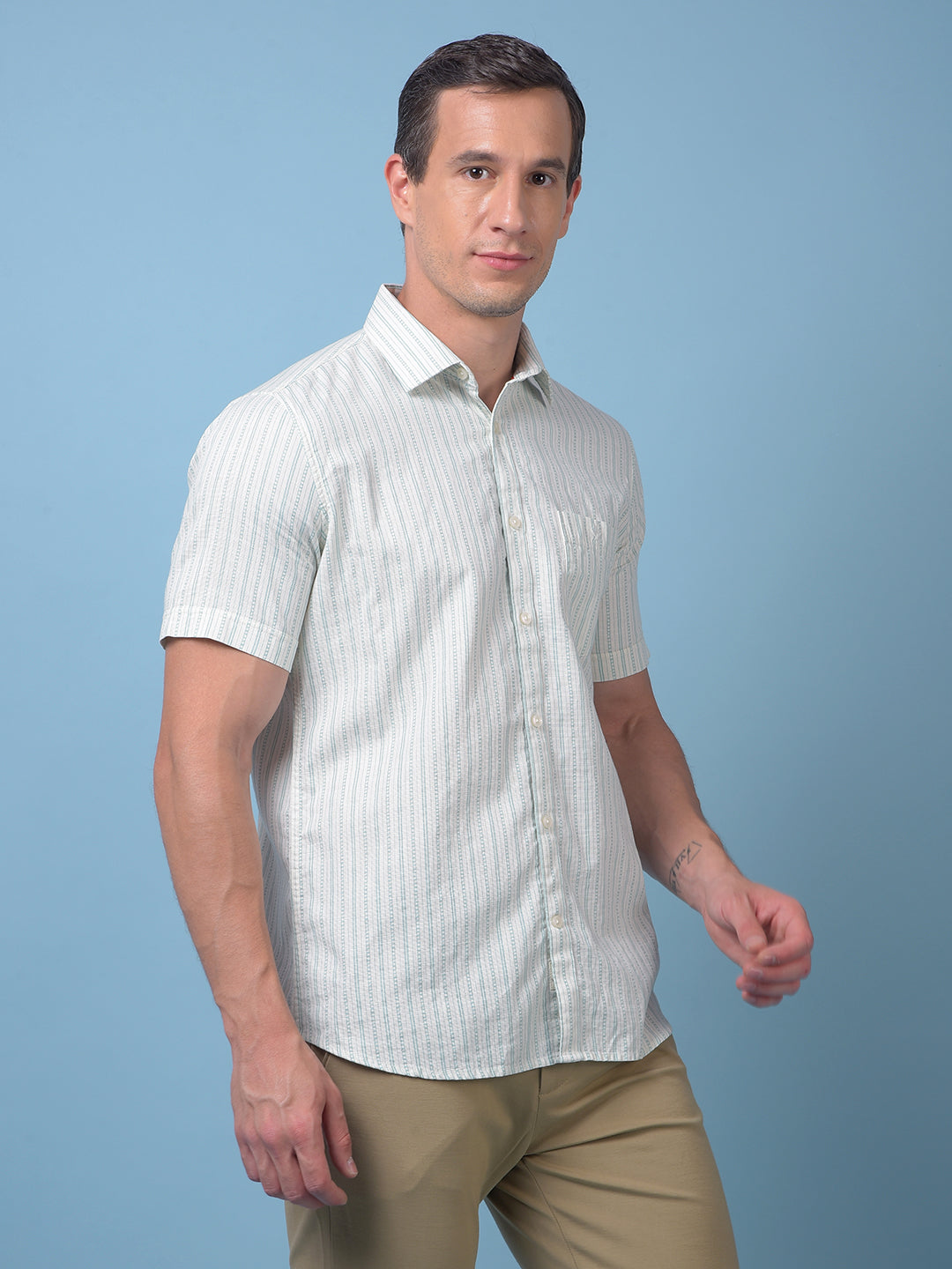 Green Vertical Stripes 100% Cotton Shirt