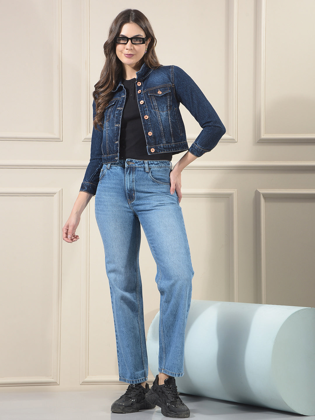 Blue 100% cotton Crop Denim Jacket