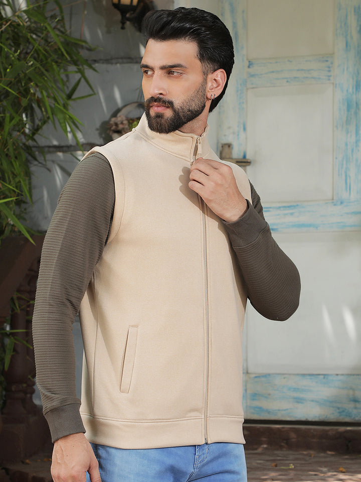 Beige High Neck Sleeveless Sweatshirt