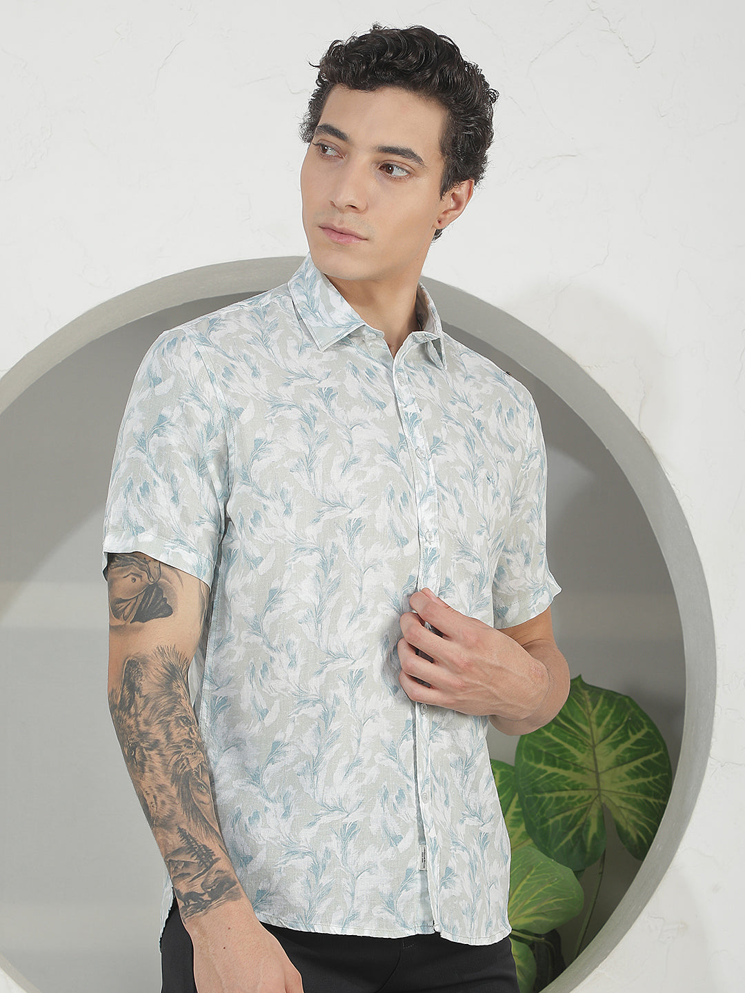 Blue Floral Print Linen Shirt