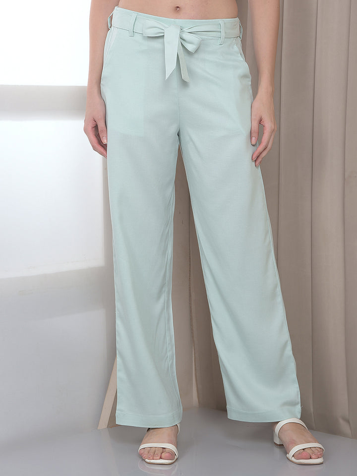 Green Wide Leg Casual Trousers With Belt