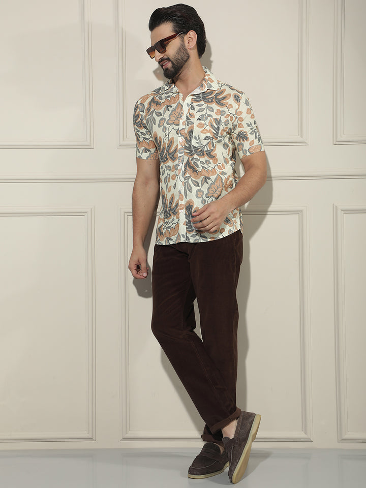 Orange Floral Print Linen Shirt