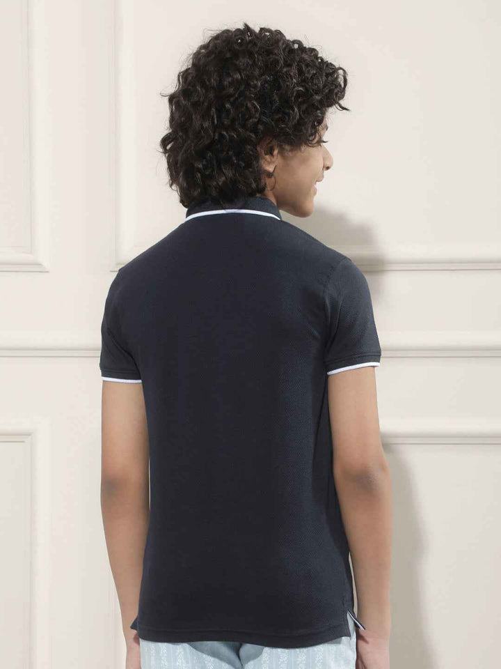 Navy Blue Graphic Print Polo Neck T-Shirt