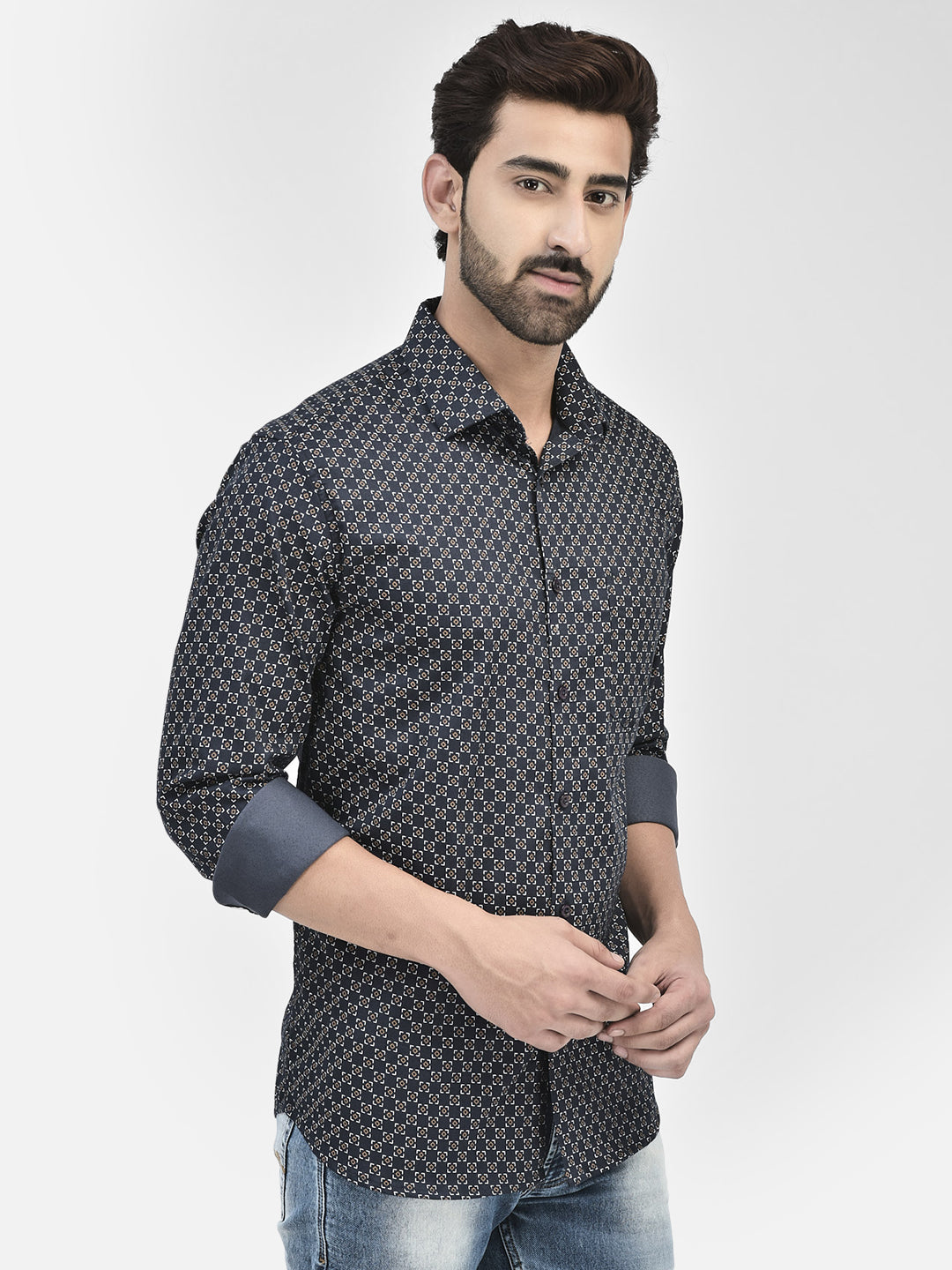 Navy Micro-Pattern Casual Shirt