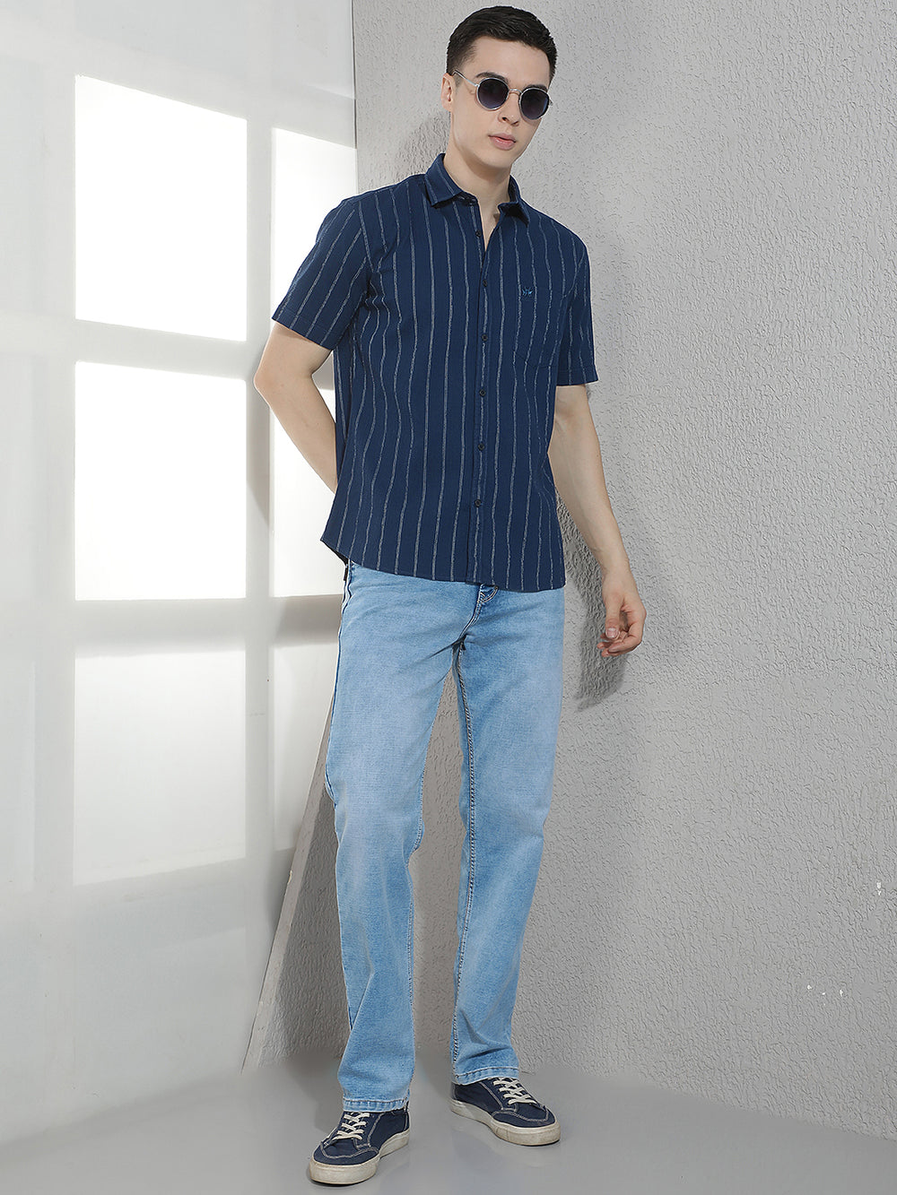 Navy Blue Vertical Striped Shirt
