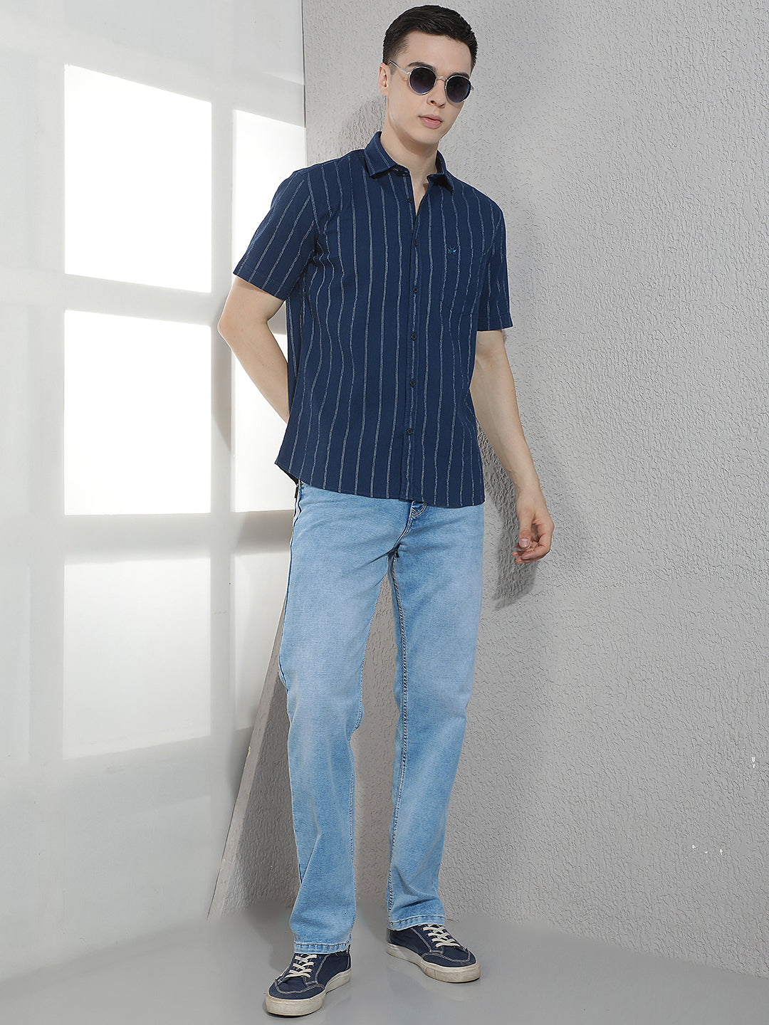 Navy Blue Vertical Striped Shirt