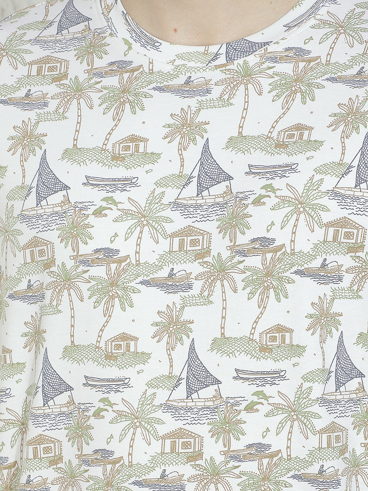 Beige 100% Cotton Botanical Printed T-Shirt