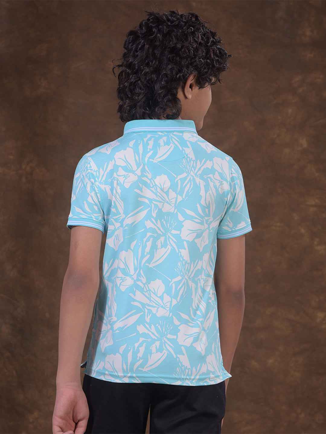 Blue Printed Polo Neck T-Shirt