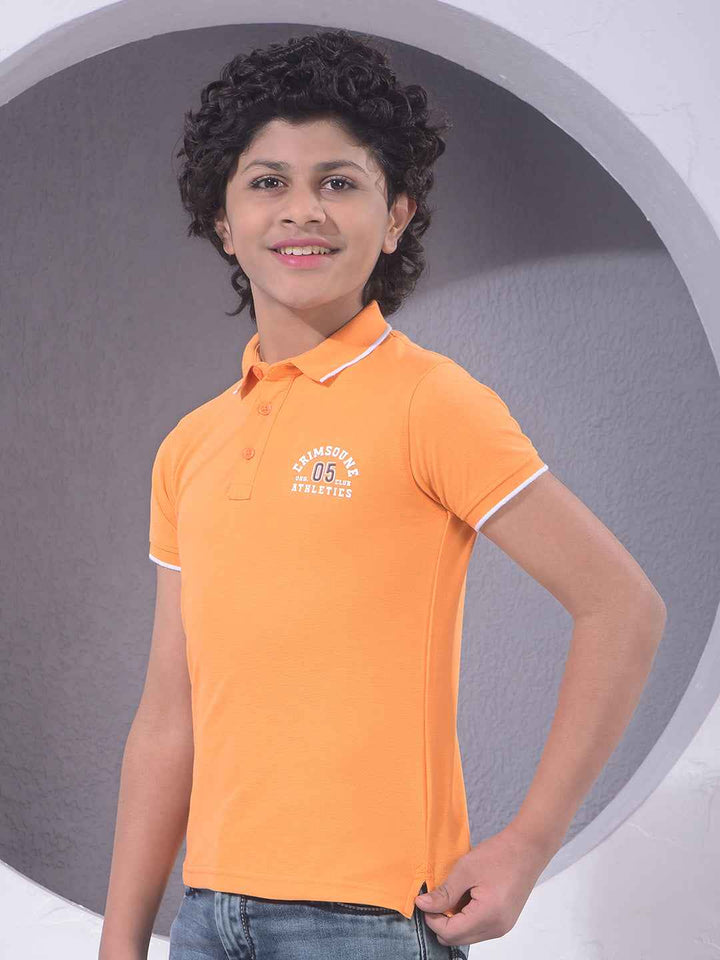 Orange Typographic Print Polo Neck T-Shirt