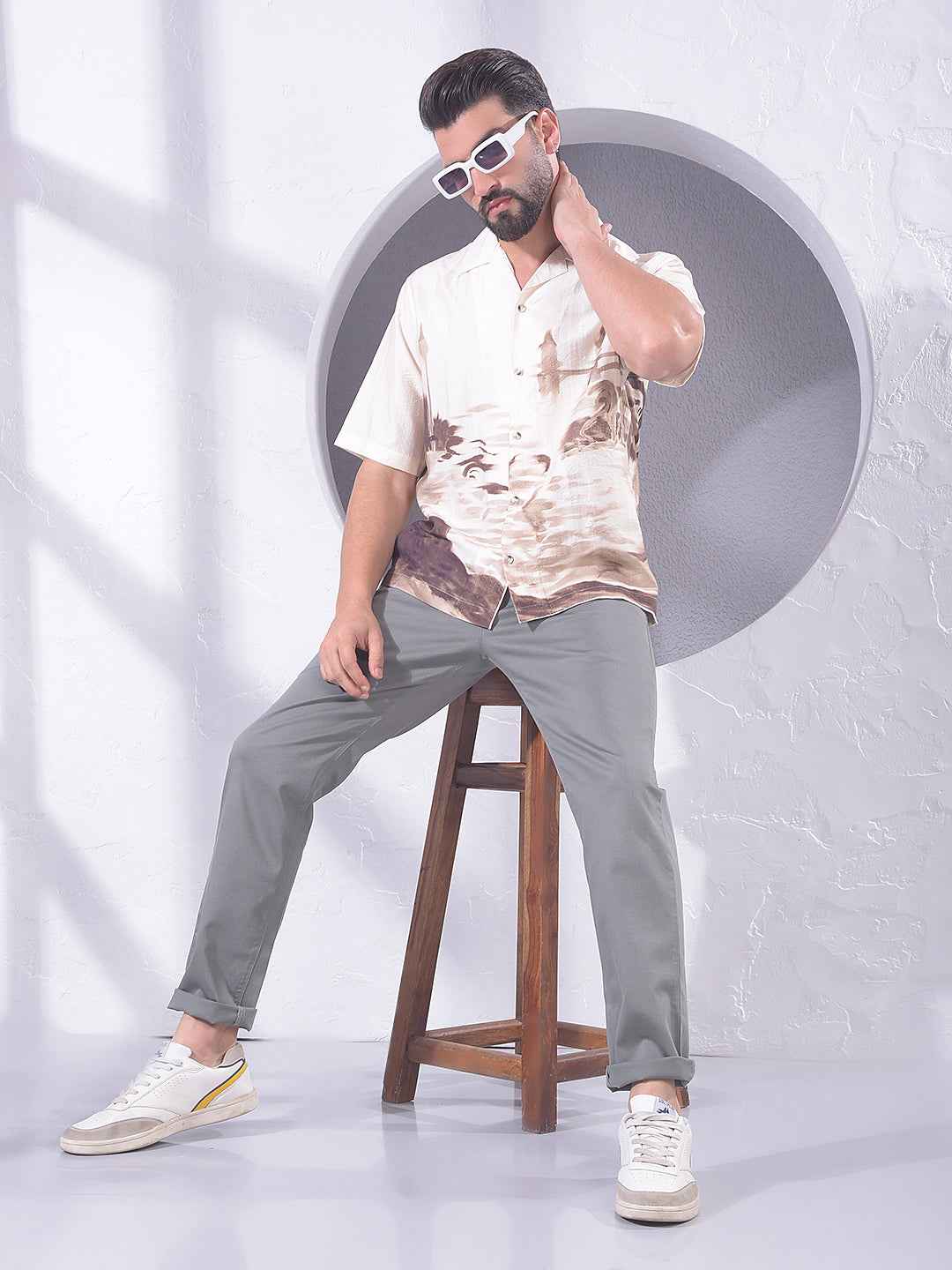 Olive Printed Resort-Collar Shirt