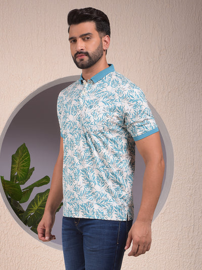 Blue Floral Print Polo Neck T-Shirt