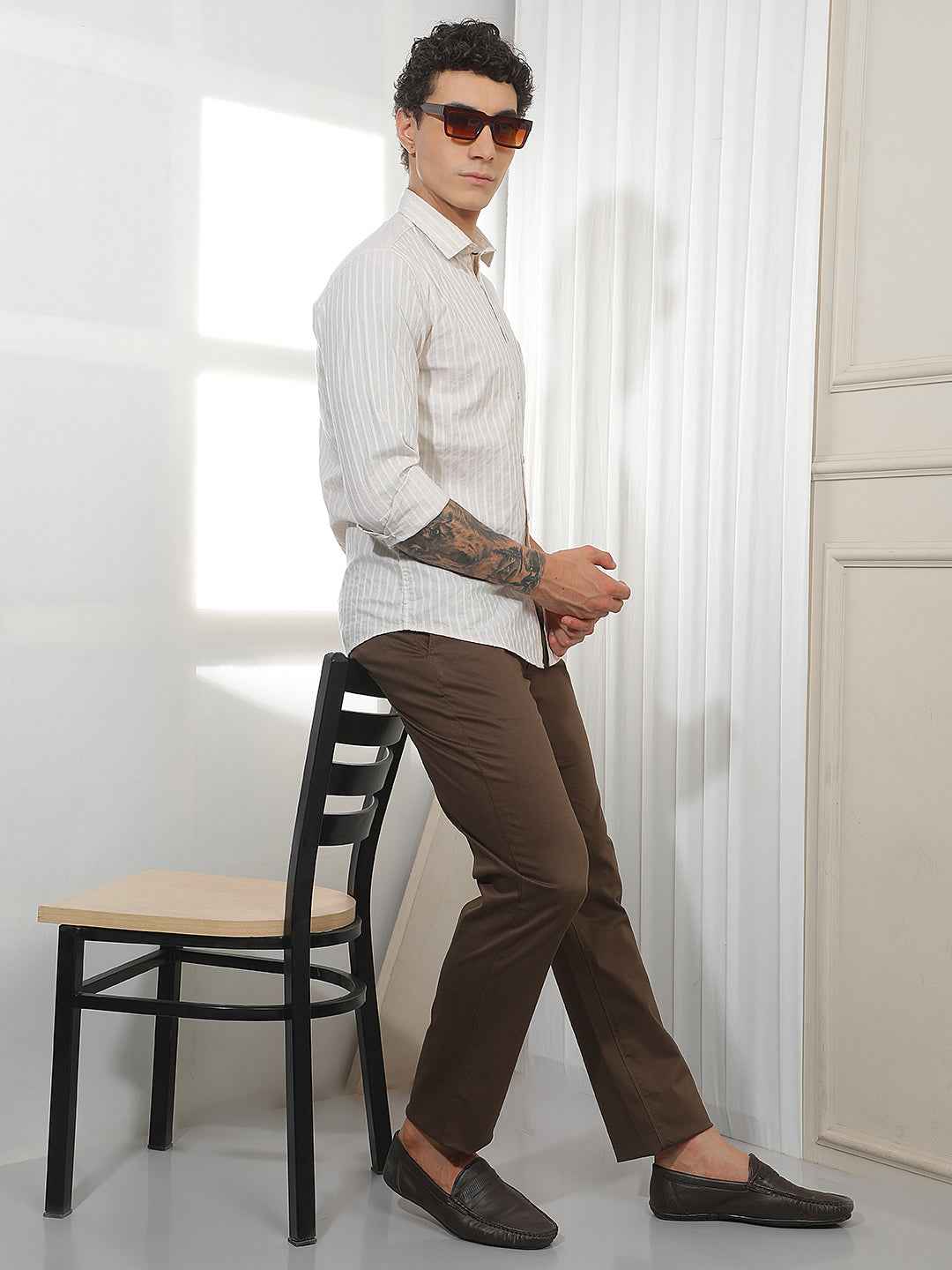 Beige Vertical Stripes Shirt