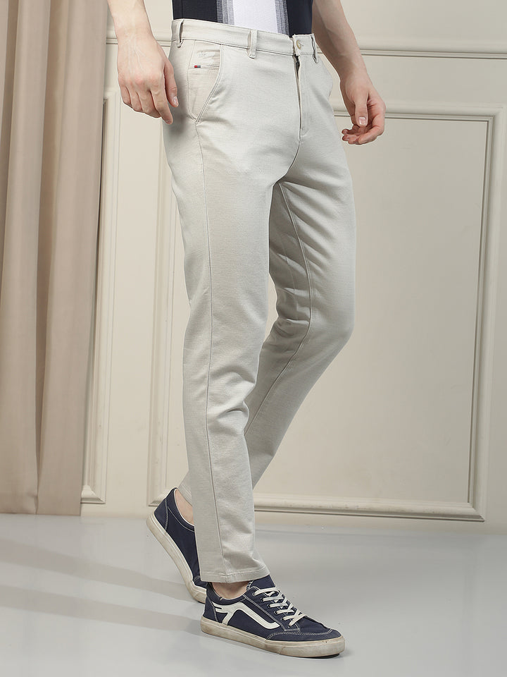 Beige Smooth Finish Print Trousers