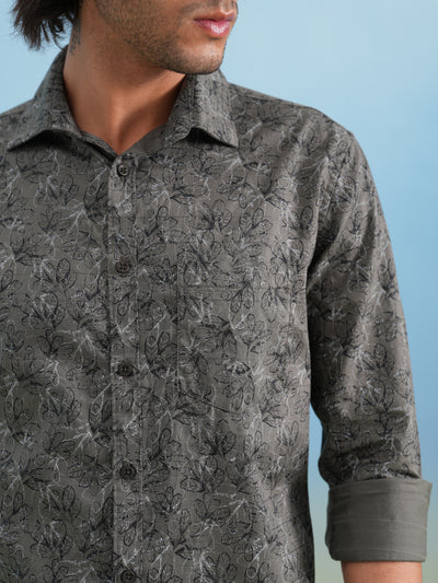 Grey Floral Print 100% Cotton Shirt