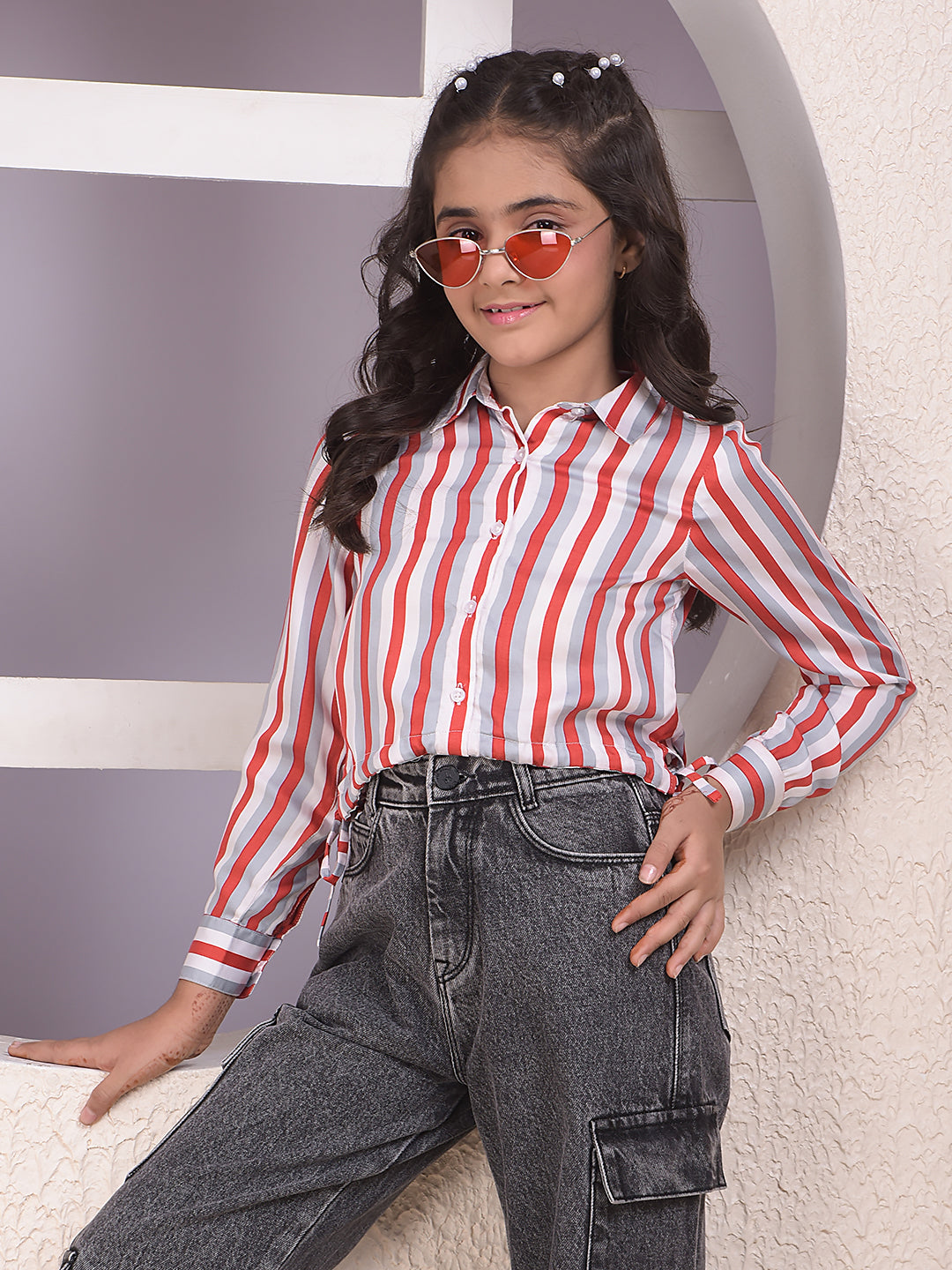 Red Vertical Stripes Modal Cropped Shirt