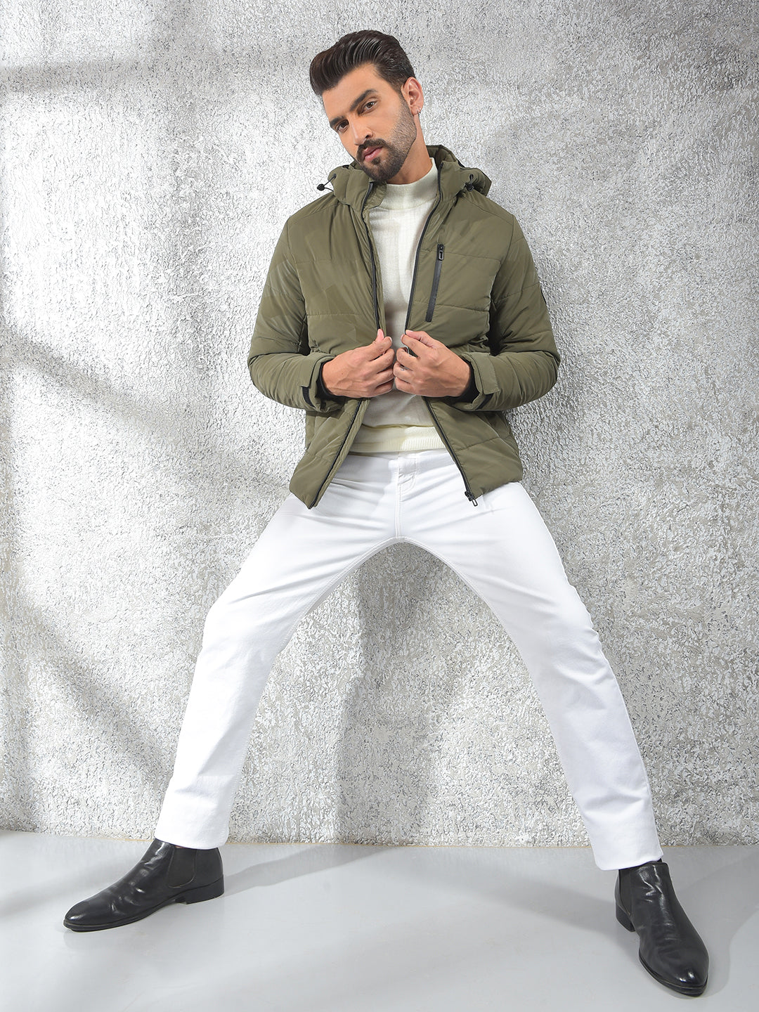 Olive Hooded Neck Puffer Jacket