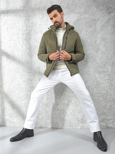 Olive Hooded Neck Puffer Jacket