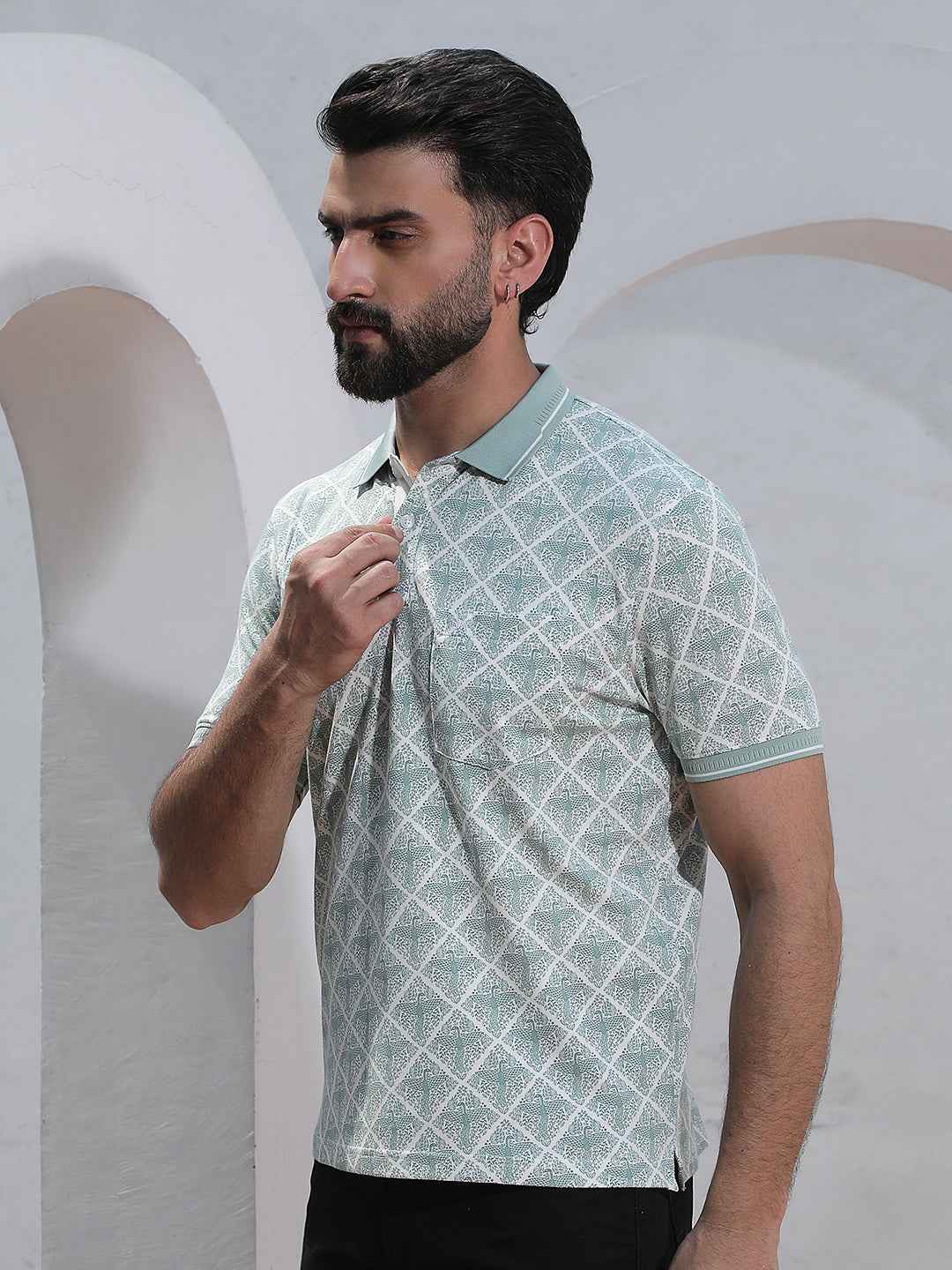 Green Printed Polo Neck T-Shirt