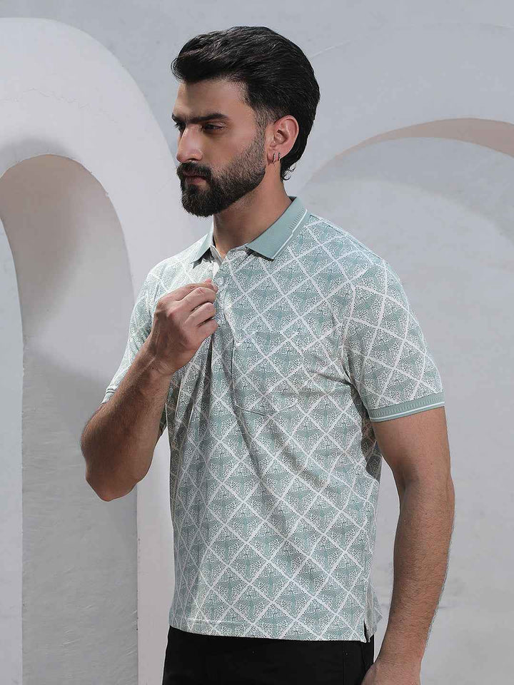 Green Printed Polo Neck T-Shirt