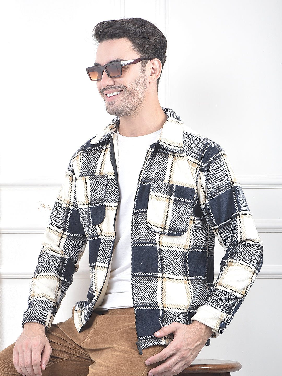 Navy Blue Checked Zip-Up Shacket