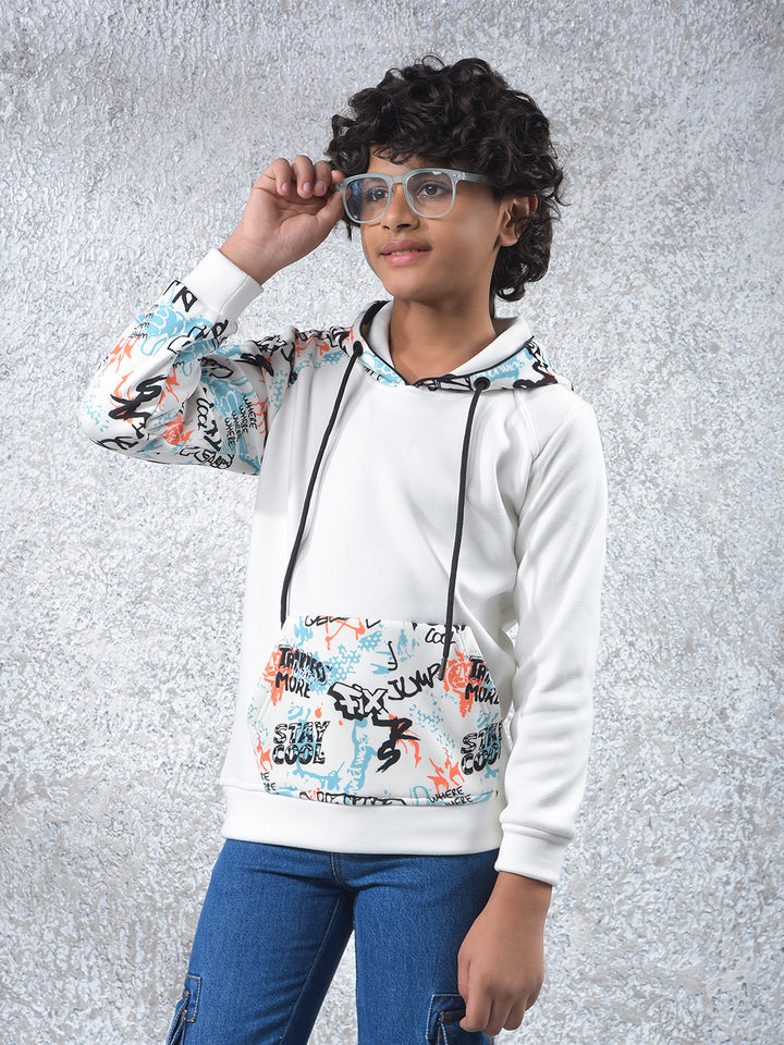 White Printed Hooded Neck Sweatshirt
