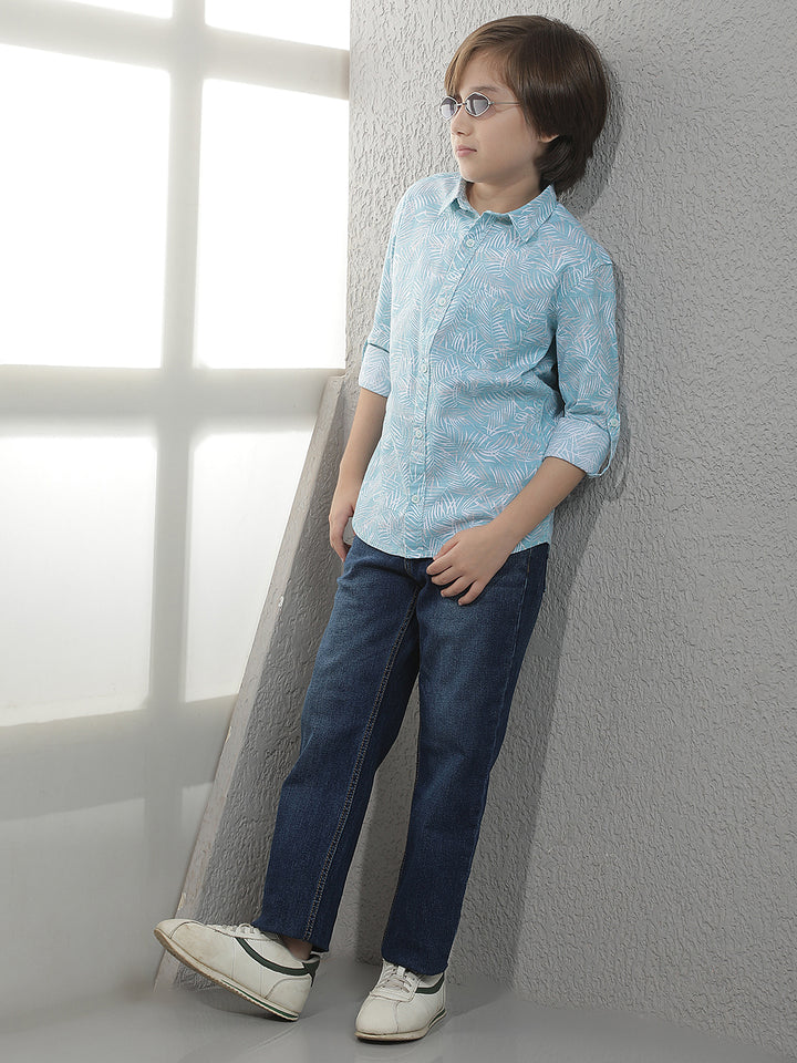 Sky Blue Tropical Print 100% Cotton Shirt