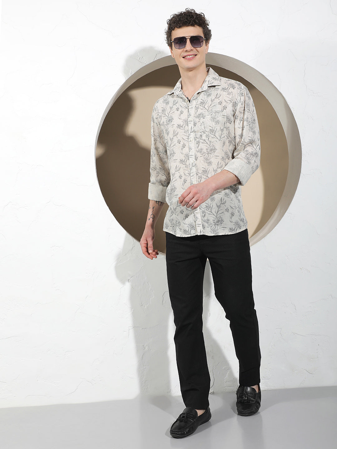 Linen Black Floral Print Shirt