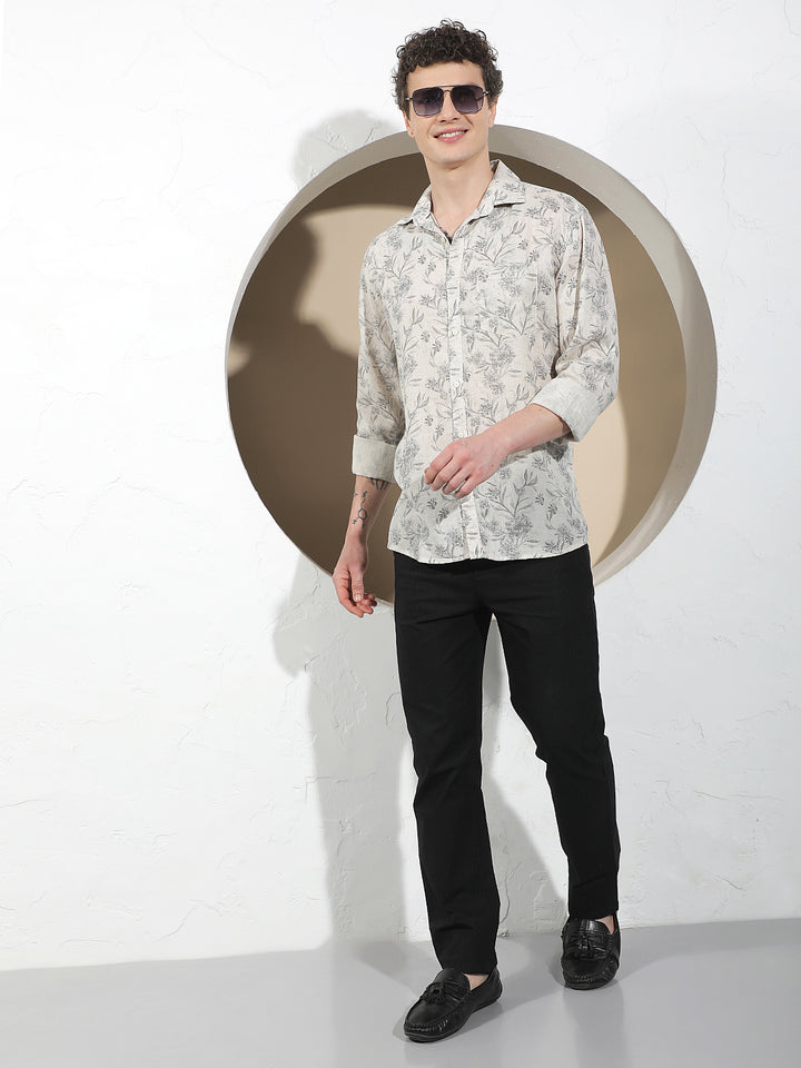 Linen Black Floral Print Shirt