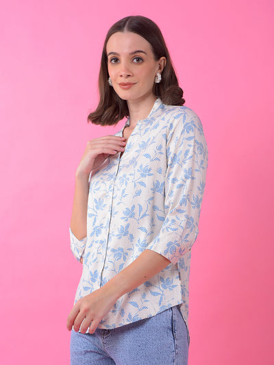 Blue Floral Print V-Neck Shirt