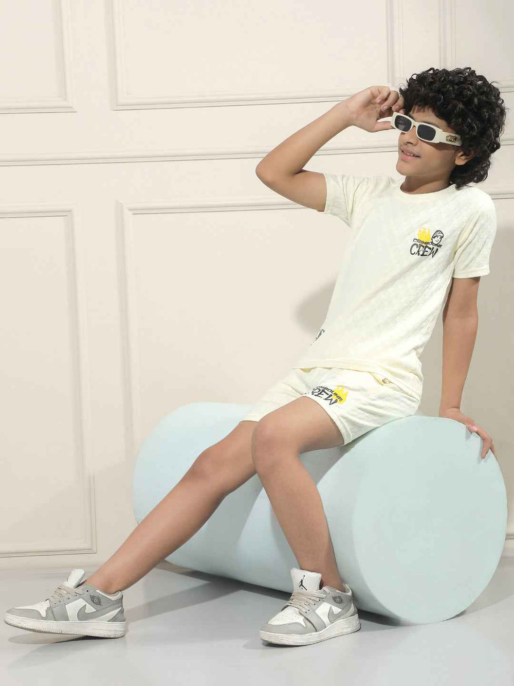 Cream Jacquard Textured Casual Shorts