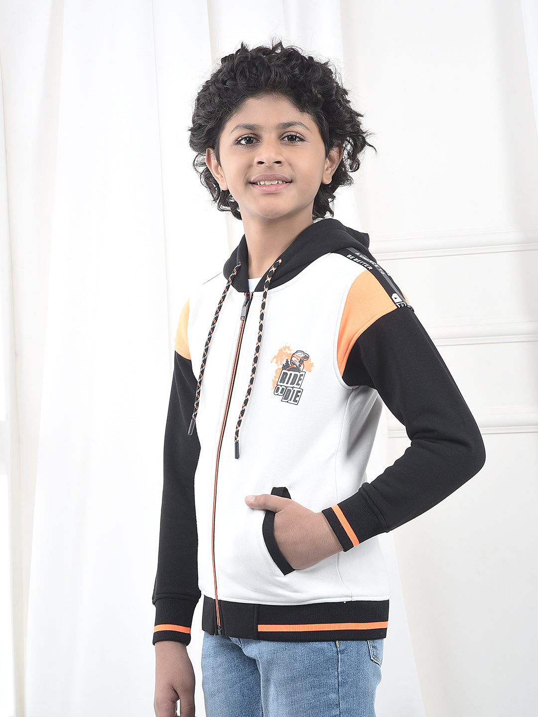 White Color-Block Hooded Neck Sweatshirt