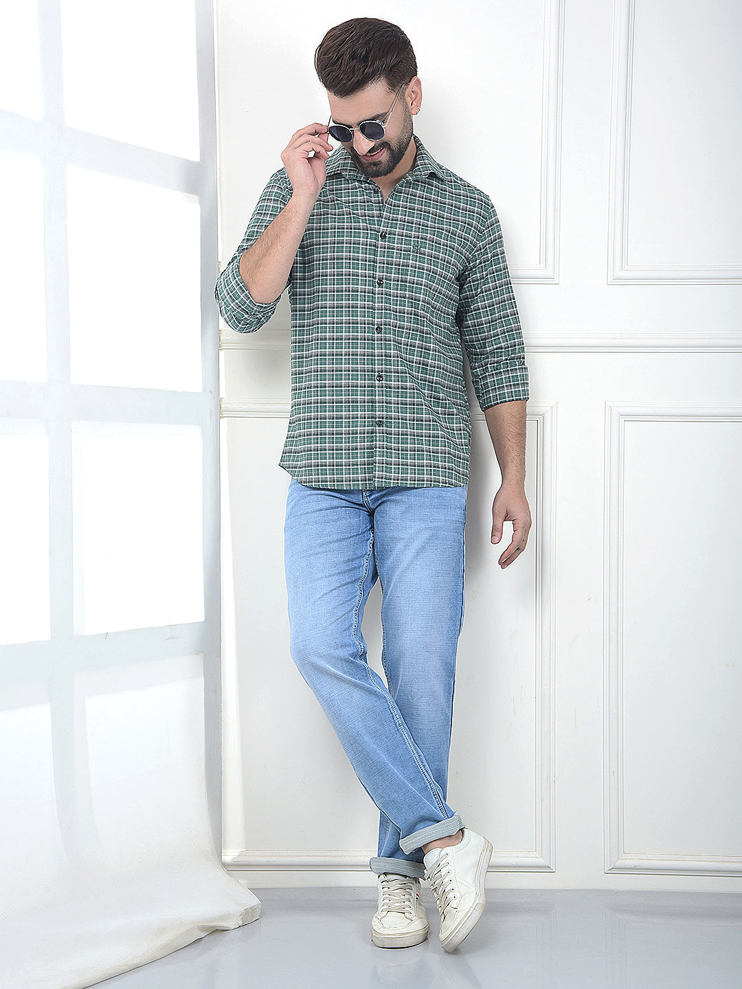 Quest Moss Green Checked 100% Cotton Shirt
