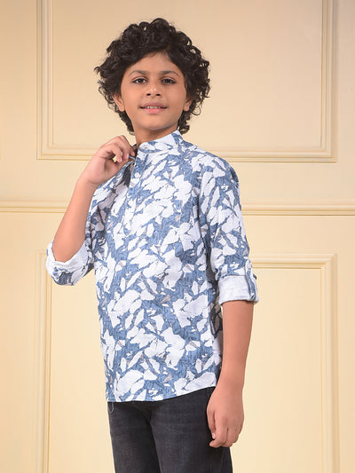 Blue Floral Print Linen Kurta