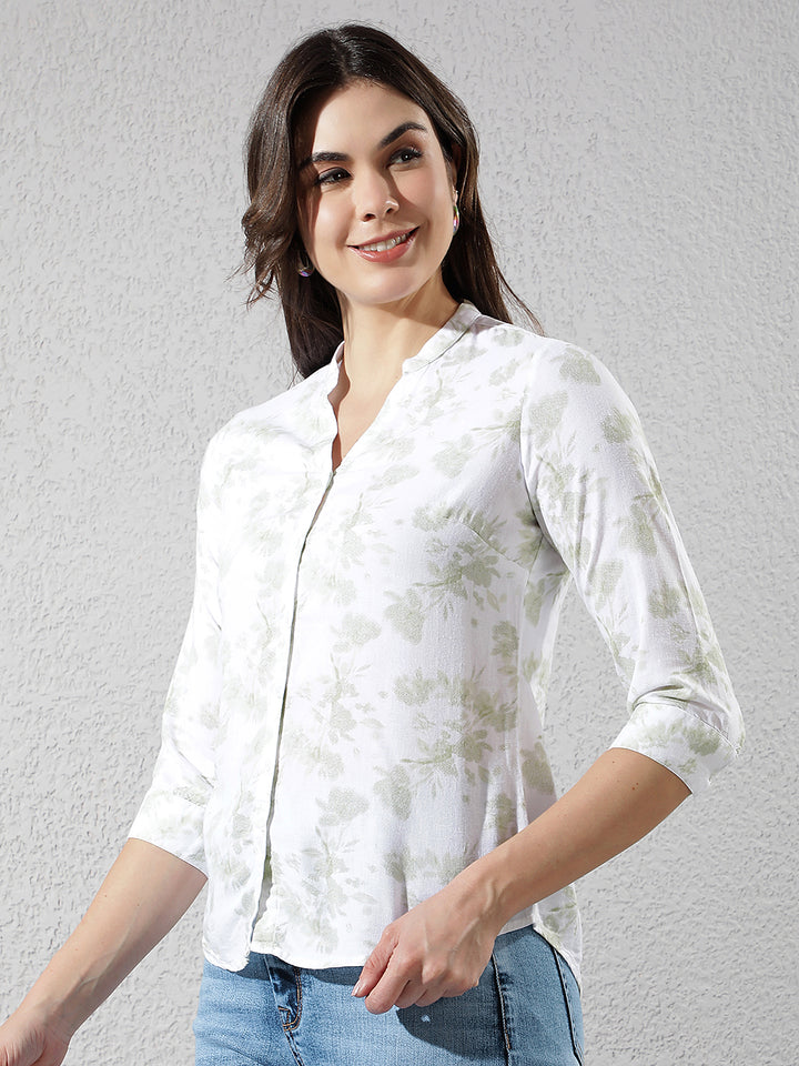 Green Floral Print V-Neck Linen Shirt