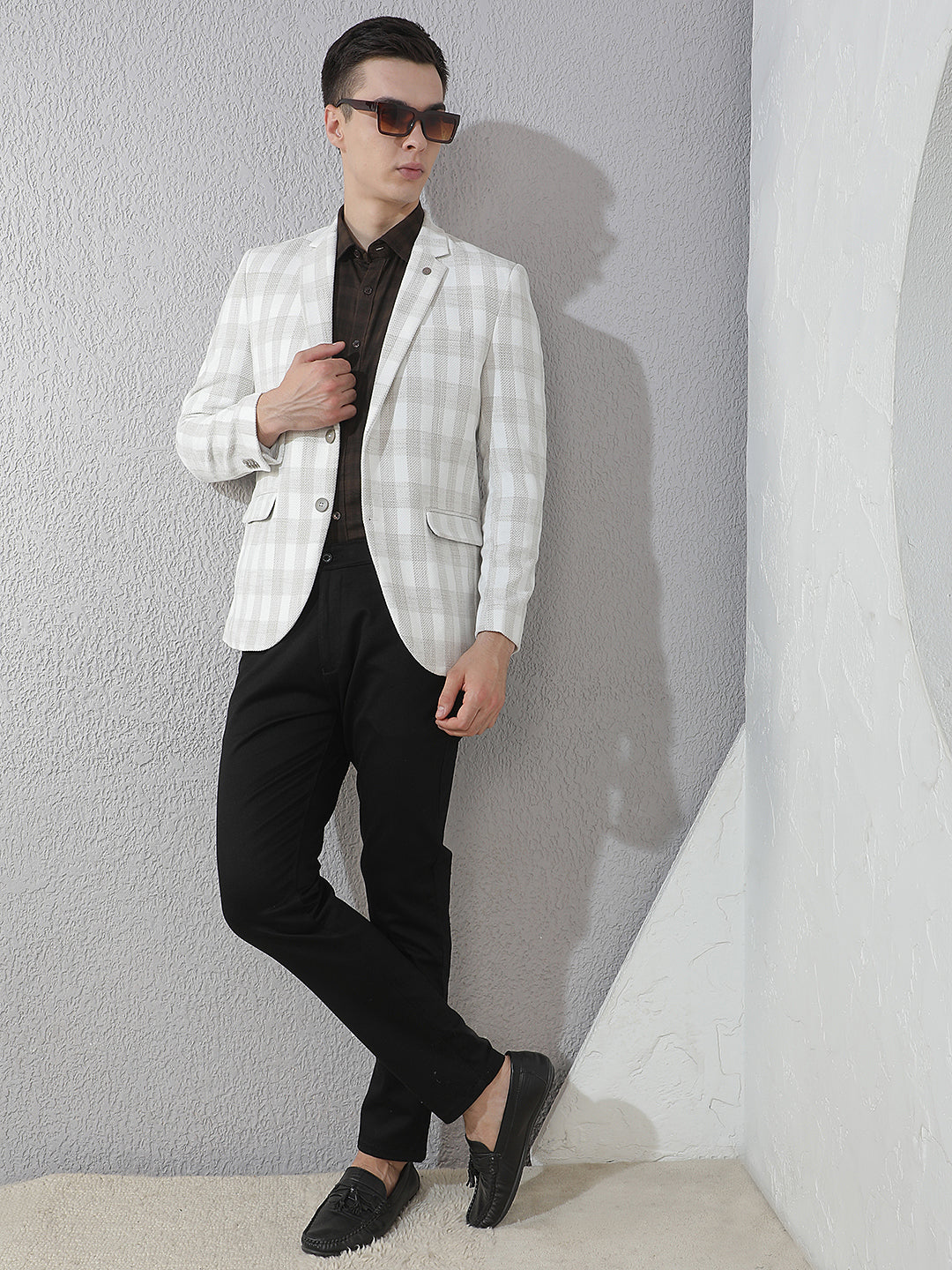 Off White Checked Notched Lapel Blazer