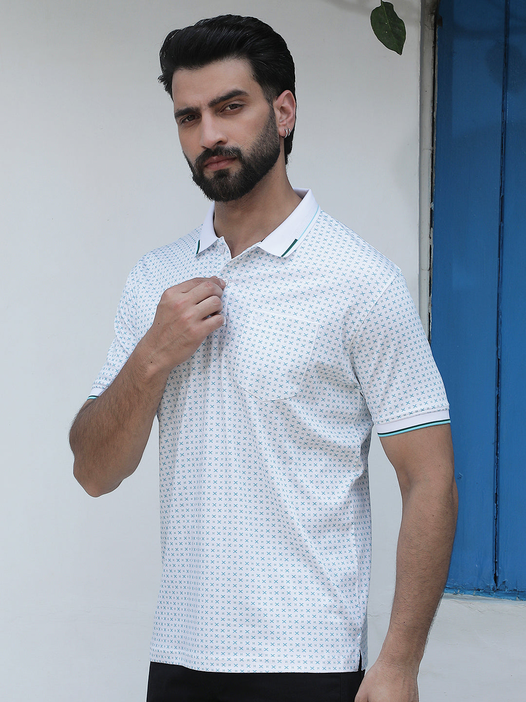 Blue Printed Polo Neck 100% Cotton T-Shirt