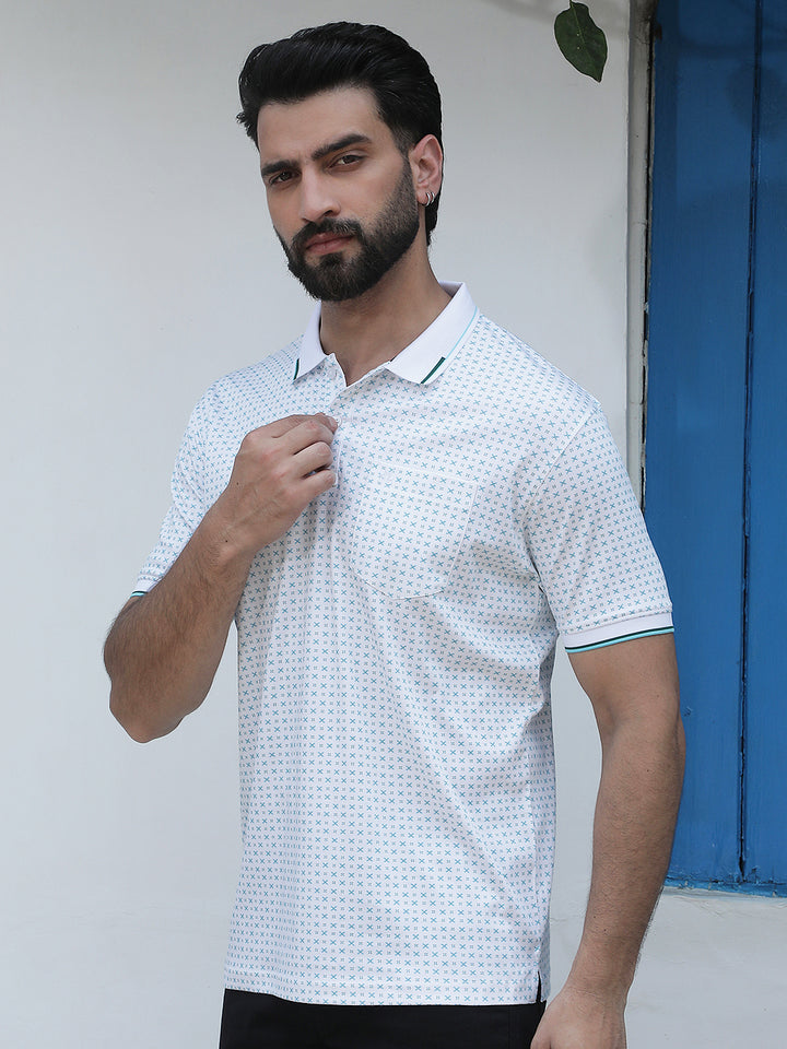 Blue Printed Polo Neck 100% Cotton T-Shirt