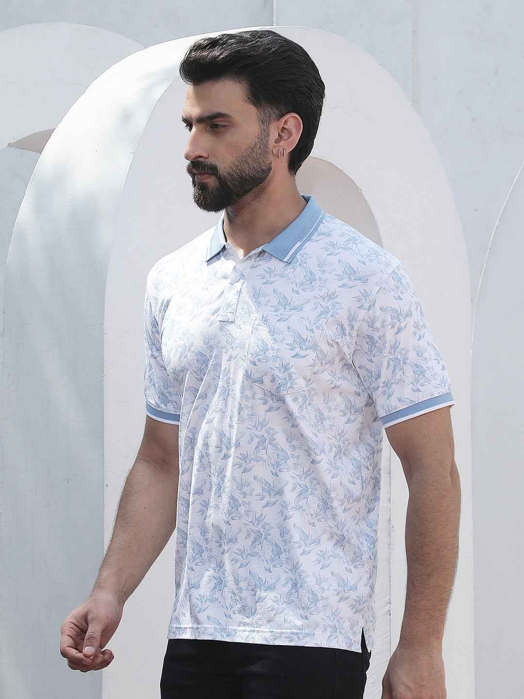 Blue Floral Print Polo Neck T-Shirt