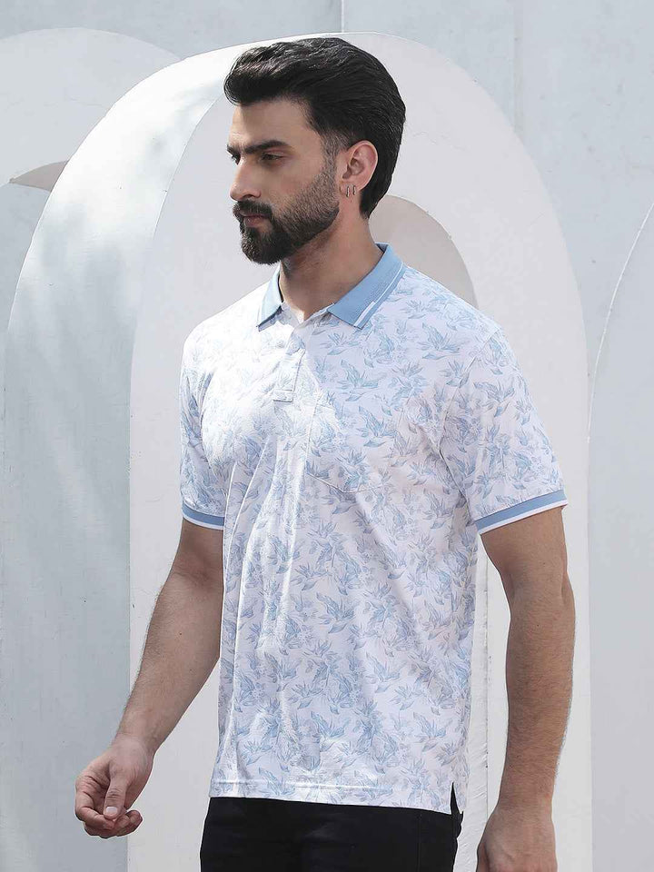 Blue Floral Print Polo Neck T-Shirt