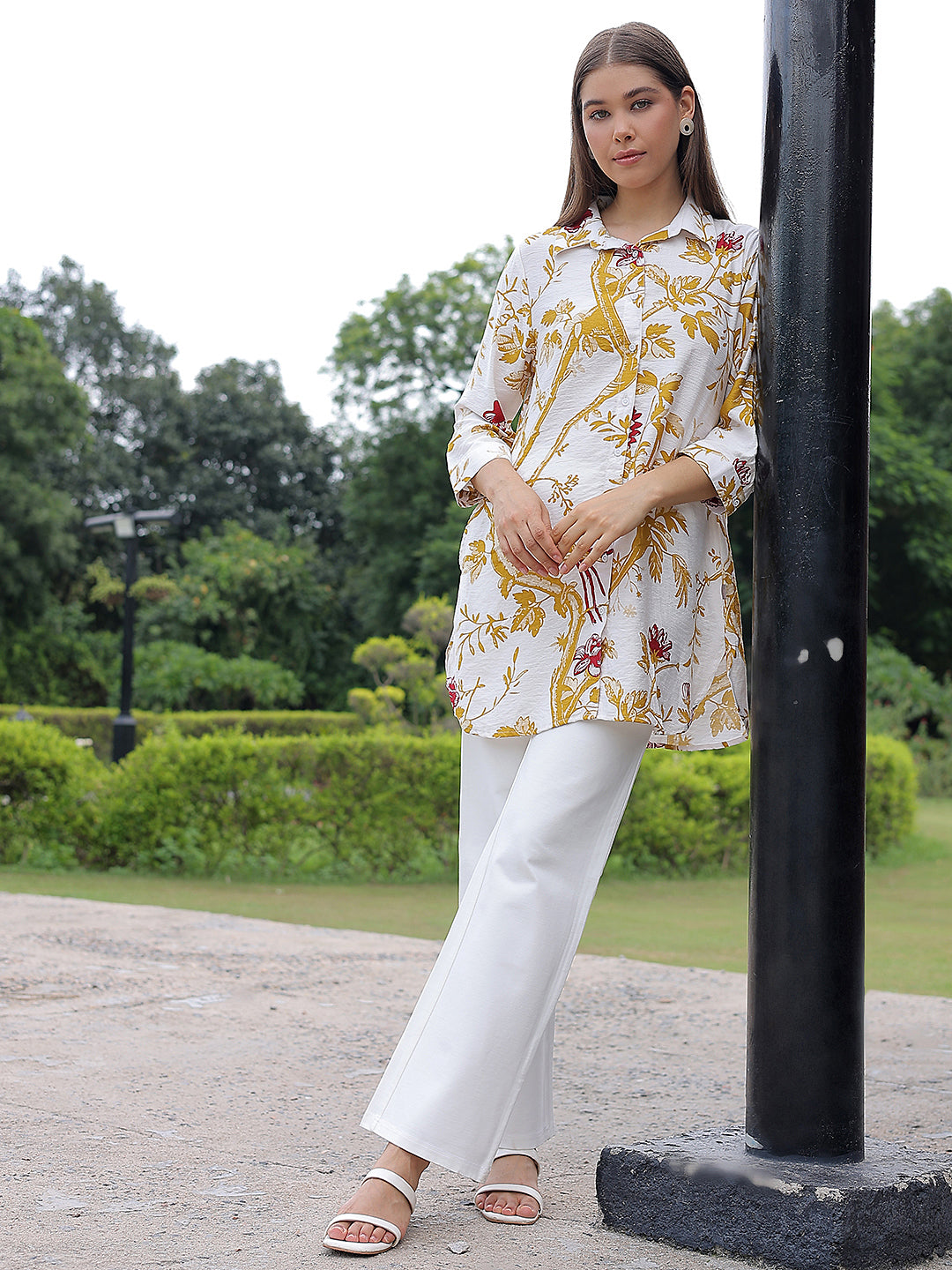 Mustard Floral Print Mid-Thigh Length Shirt
