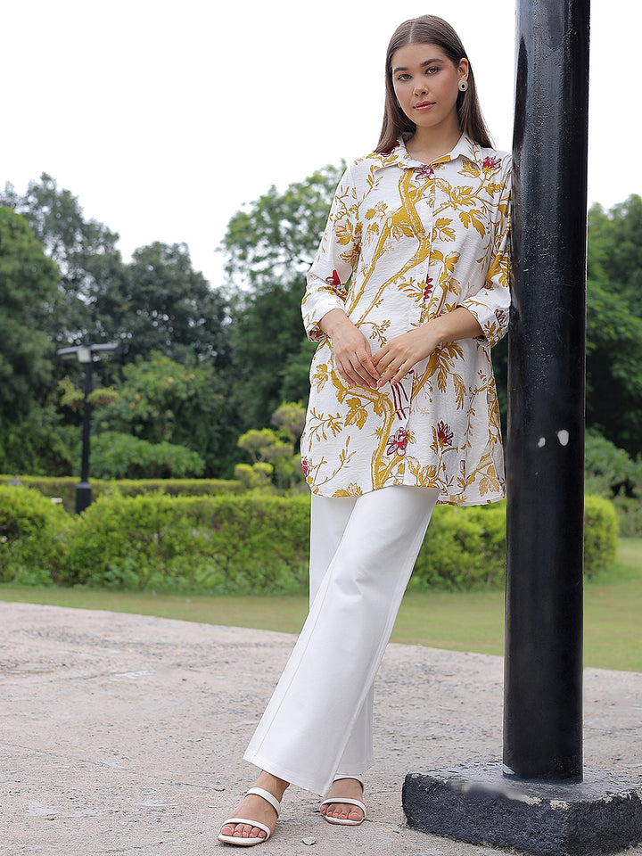 Mustard Floral Print Mid-Thigh Length Shirt