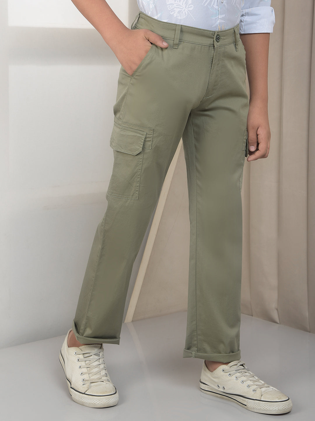 Olive Cotton Stretchable Cargo Trousers