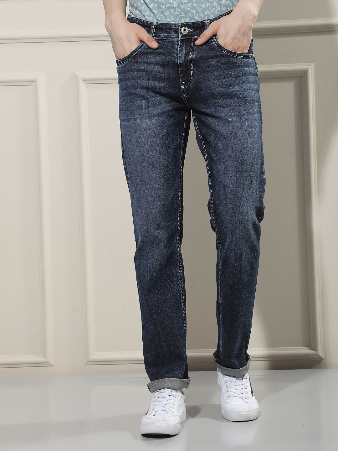 Navy Blue Cotton Straight Jeans