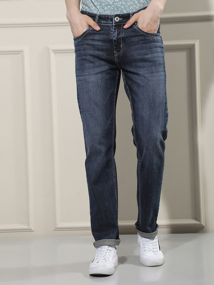 Navy Blue Cotton Straight Jeans