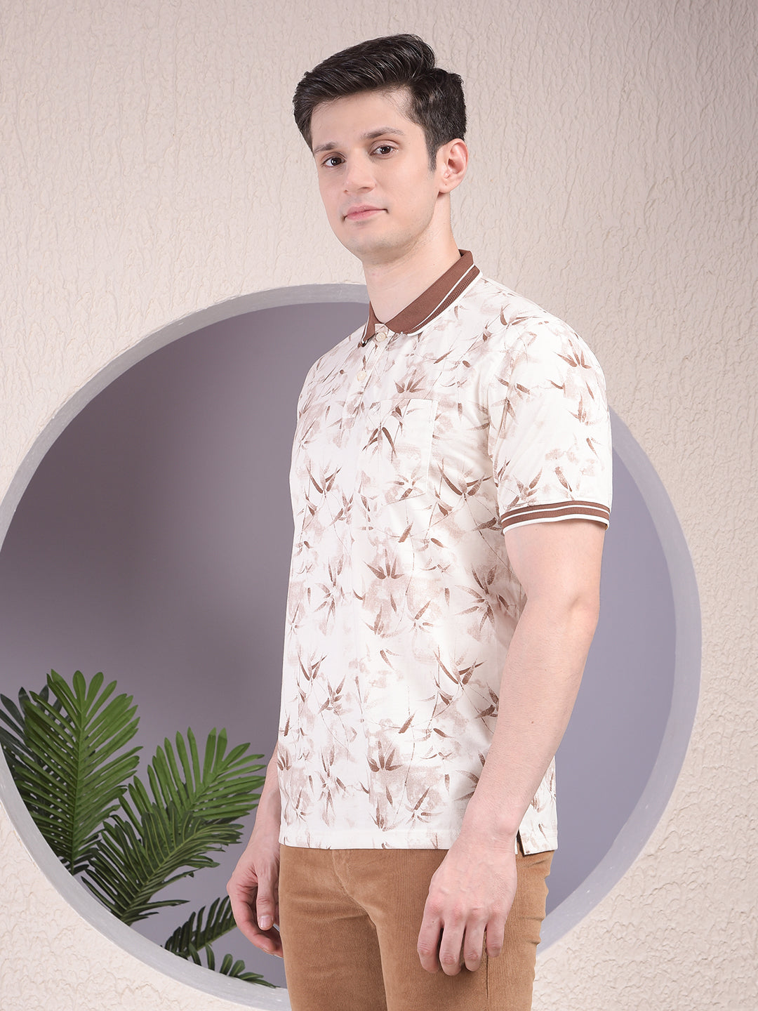 Brown Floral Print Polo-Neck T-Shirt