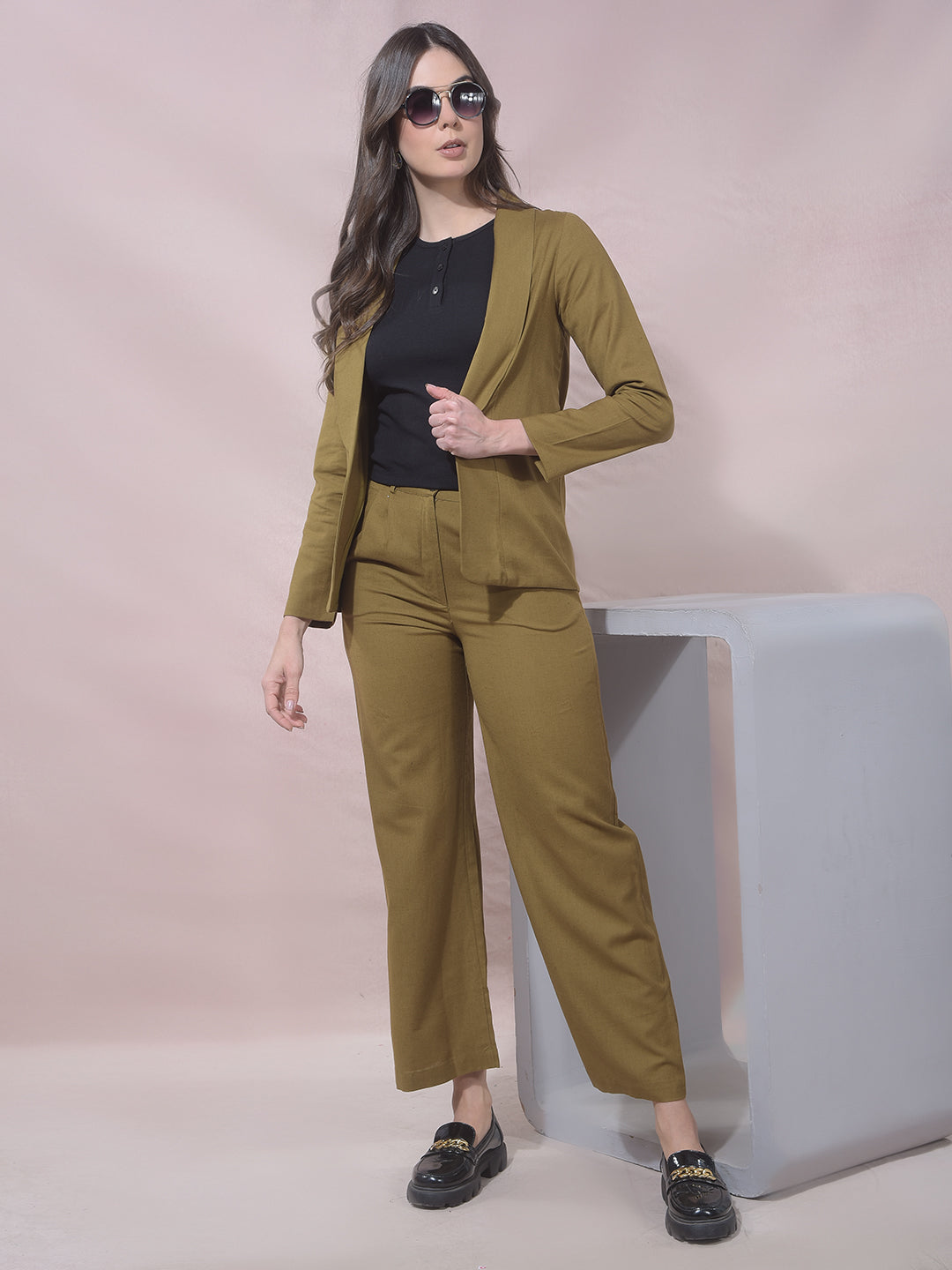 Olive Notched Lapel Open Front Blazer