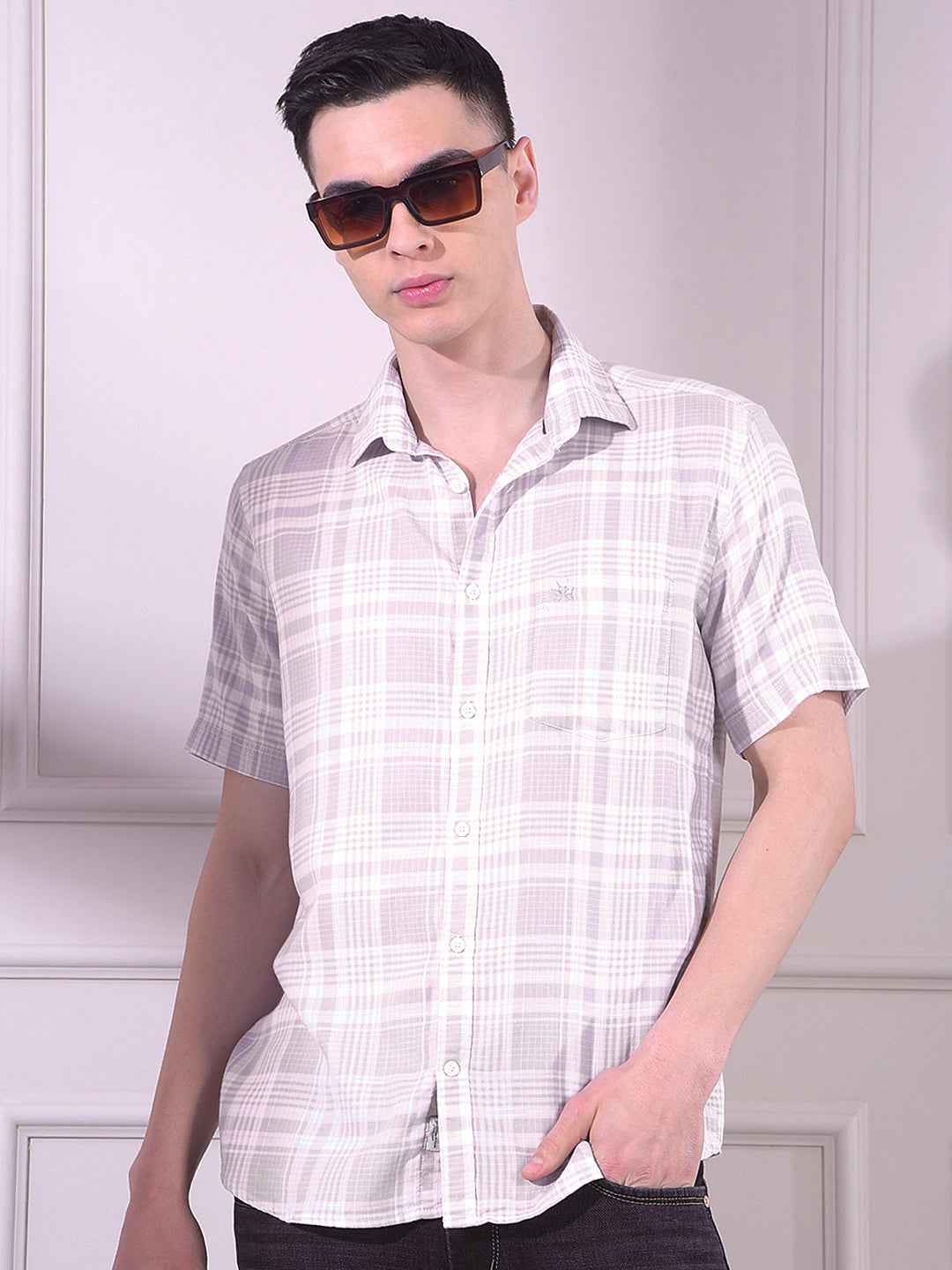 Beige 100% Cotton Checked Shirt